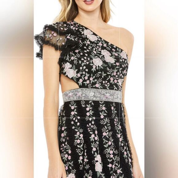Mac Duggal Embroidered One Shoulder Gown Black Floral Lace up Dress NWT - Picture 14 of 16